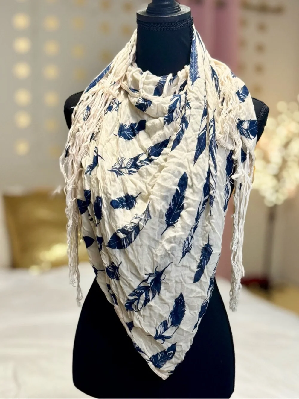 Cream Navy Feather Print Fringe Scarf Lightweight Boho Wrap - Picture 3 of 5
